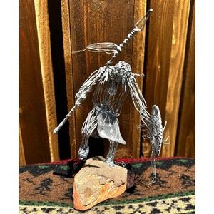 Lui Escoto Signed Brutalist Wire Sculpture Native Warrior Shield Spear 11"